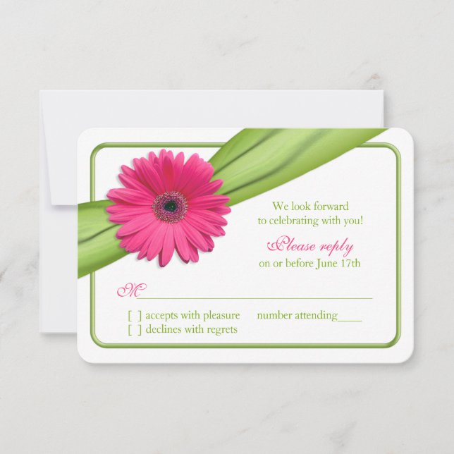 Mariage rose Gerber Daisy Green Ribbon RSVP (Devant)