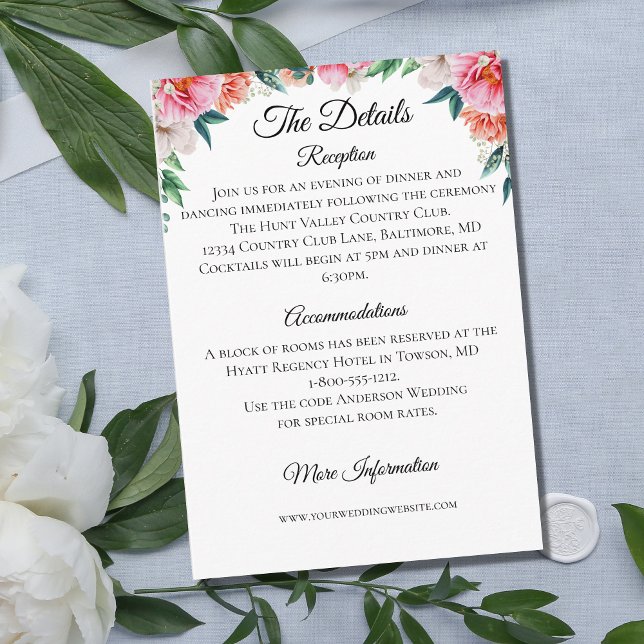 Mariage rose Pêche Floral Détails Carte de boîtier (Créateur téléchargé)