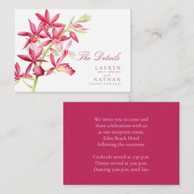 Mariage rouge orchidée détails pratiques carte de  (Devant / Derrière)