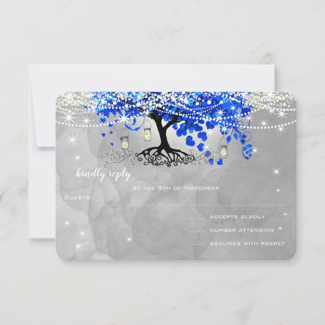 Mariage Royal Blue Heart Leaf Tree RSVP (Devant)