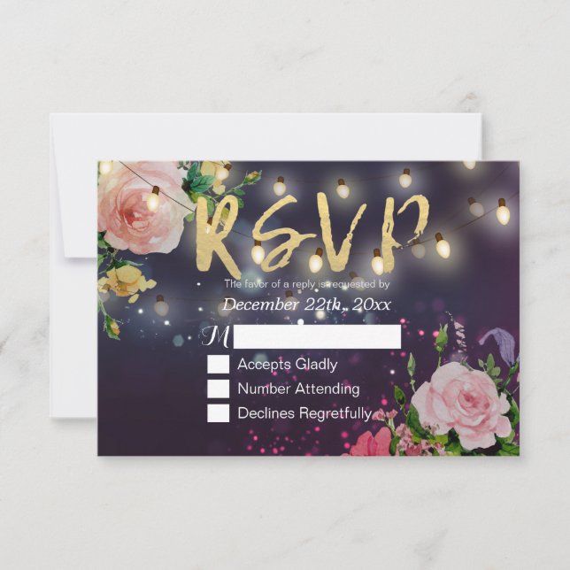 Mariage RSVP Floral Violet Éclairage à cordes (Devant)