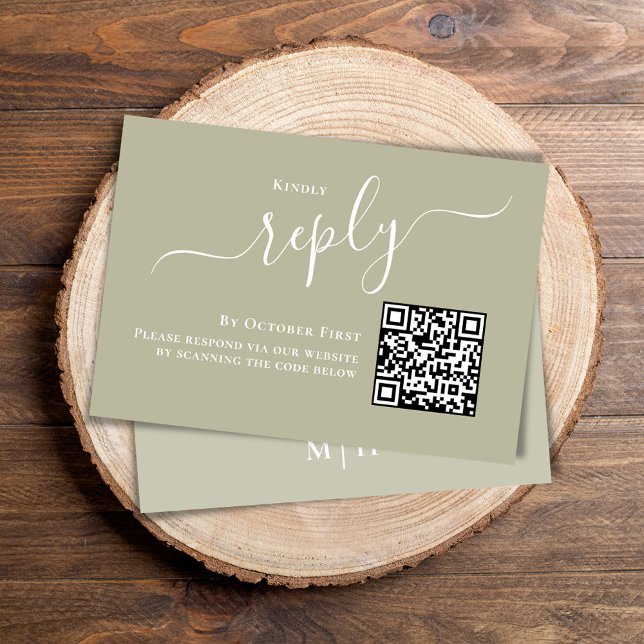 Mariage RSVP QR Code élégant Sage vert (Elegant sage green reply response card with a scannable QR code. )