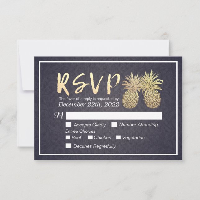 Mariage RSVP répondre Gold Ananas Couple Marine Bl (Devant)