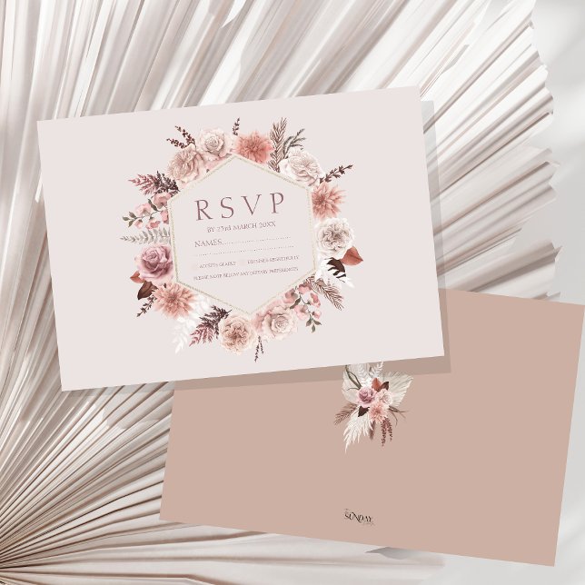Mariage RSVP Roustic Pampas Grass Wreath (Boho Dusty Pink Dried Flowers Wreath Wedding RSVP Card)