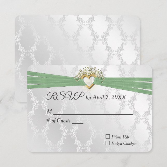 Mariage RSVP Sage Ruban Dans Le Coeur Sur Satin (Devant / Derrière)