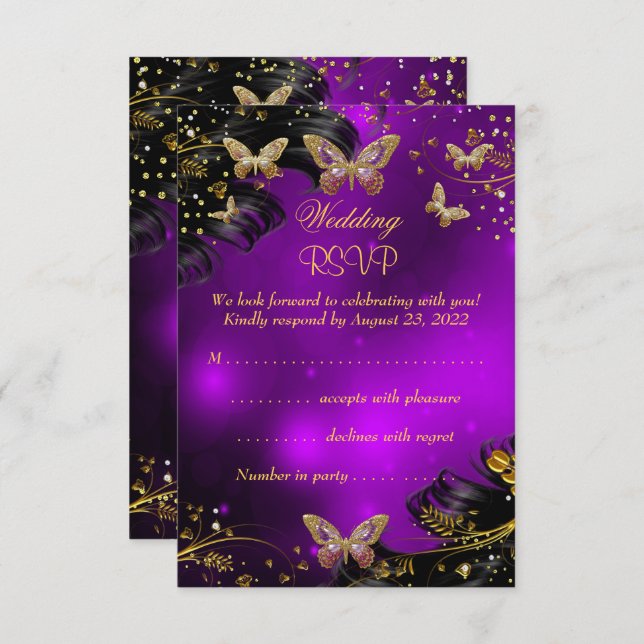 Mariage RSVP Sparkle violet or noir papillon (Devant / Derrière)