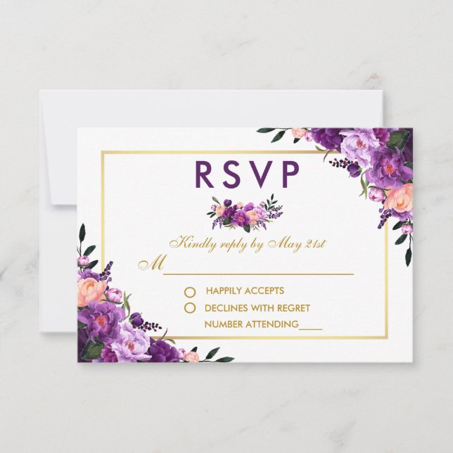 Mariage RSVP Ultra Violet Floral Or (Devant)