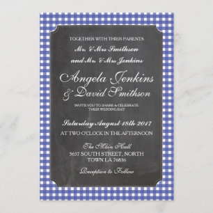 Mariage Rustic Chalk Blue Check Invitation