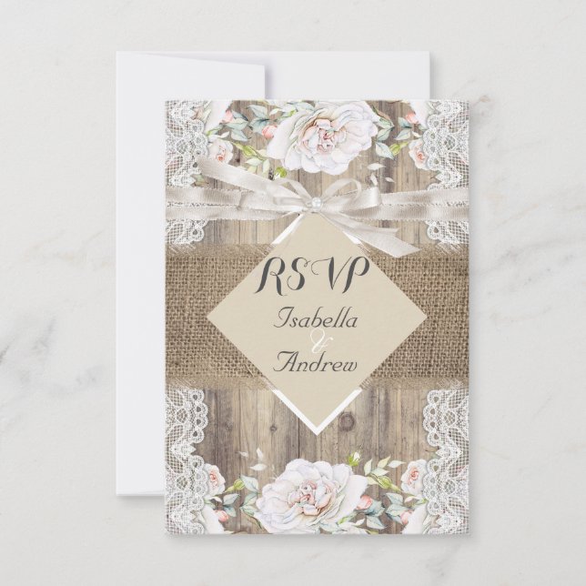 Mariage rustique beige roses blanches en bois RSVP (Devant)