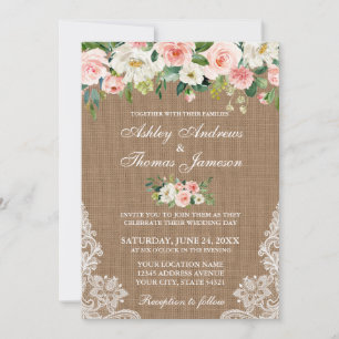 Mariage rustique Burlap Dentelle rose Invitation f