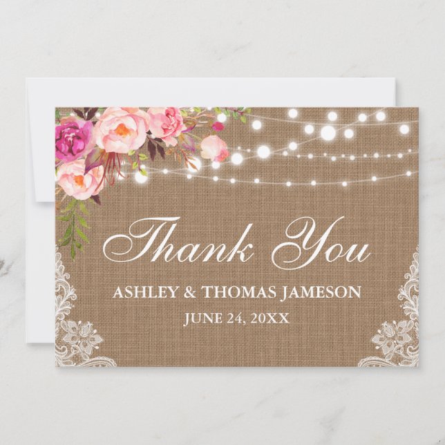 Mariage Rustique Burlap Lights Lace Floral Merci (Devant)