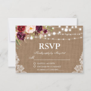 Mariage rustique Burlap Lights Lace Floral RSVP Ca