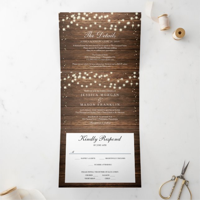 Mariage Rustique en bois Invitations triplées RSVP (Intérieur)