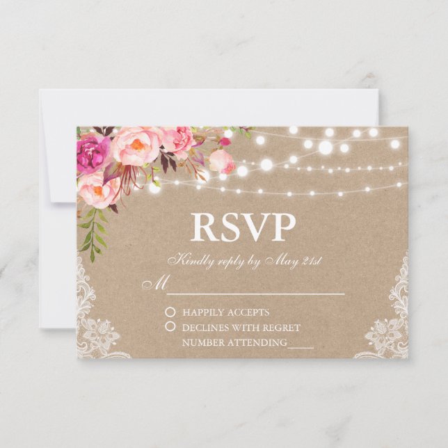 Mariage rustique Kraft rose lumières florales RSVP (Devant)