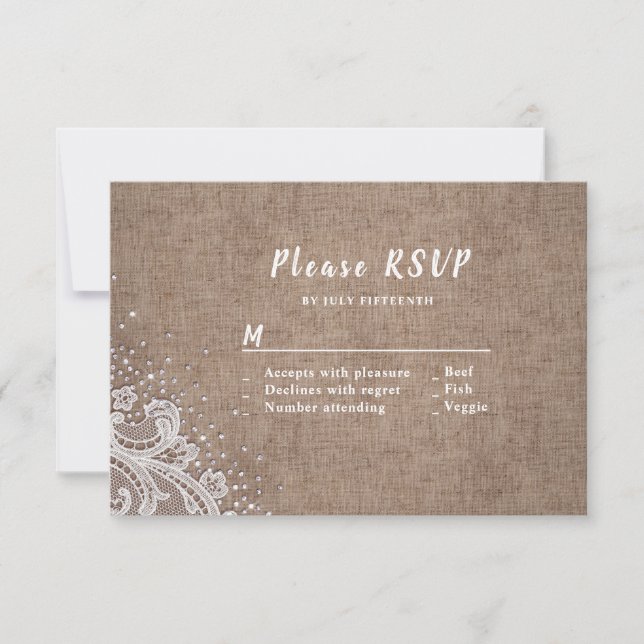 Mariage rustique RSVP en toile de jute à dentelle  (Devant)