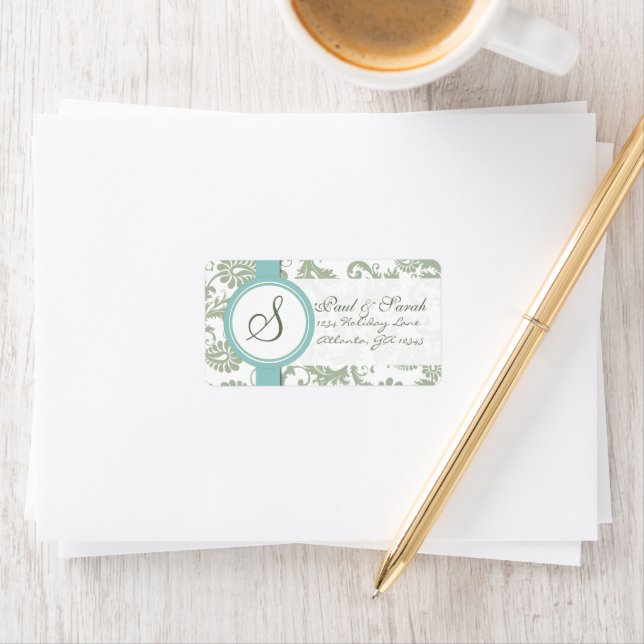 Mariage Sage Green et Aqua étiquette de adresse po (En situation)