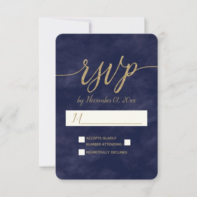 Mariage simple Marine Aquarelle & Gold Foil RSVP (Devant)