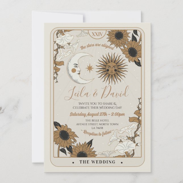 Mariage Tarot Moon Sun Stars The Lovers Invitation (Devant)