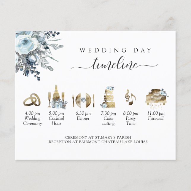 Mariage Timeline Dusty Blue Floral, carte de boîti (Devant)