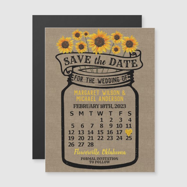 Mariage Tournesols Jar Février 2023 Date Magnet (Devant / Derrière)