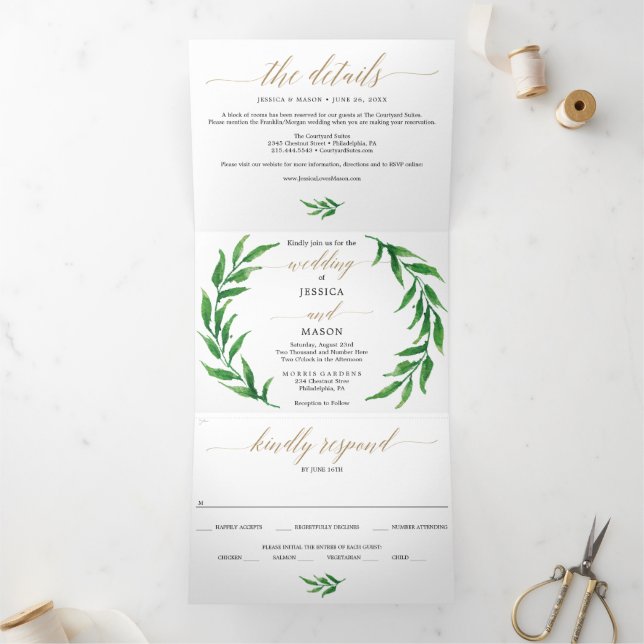 Mariage verdoyant d'or Invitations à trois volets (Intérieur)