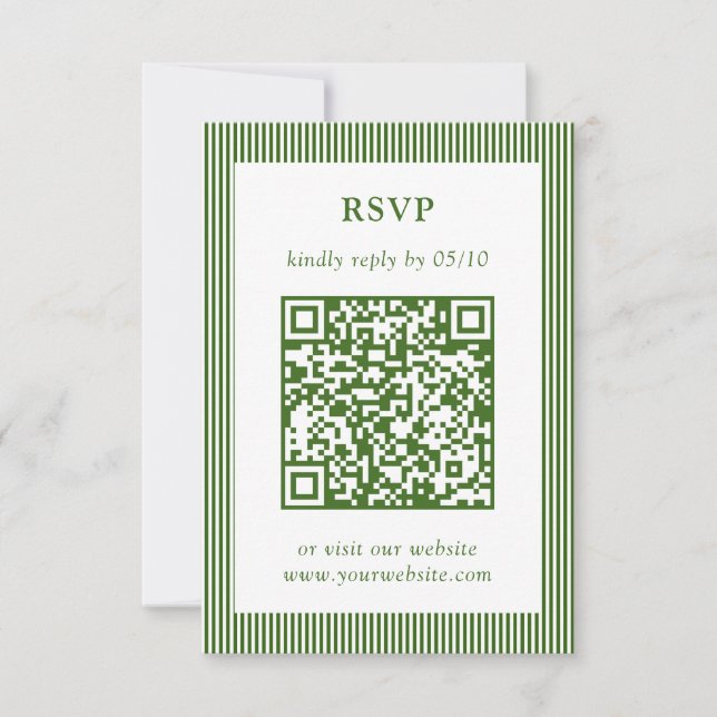 Mariage vert classique mince rayé RSVP QR Code (Devant)