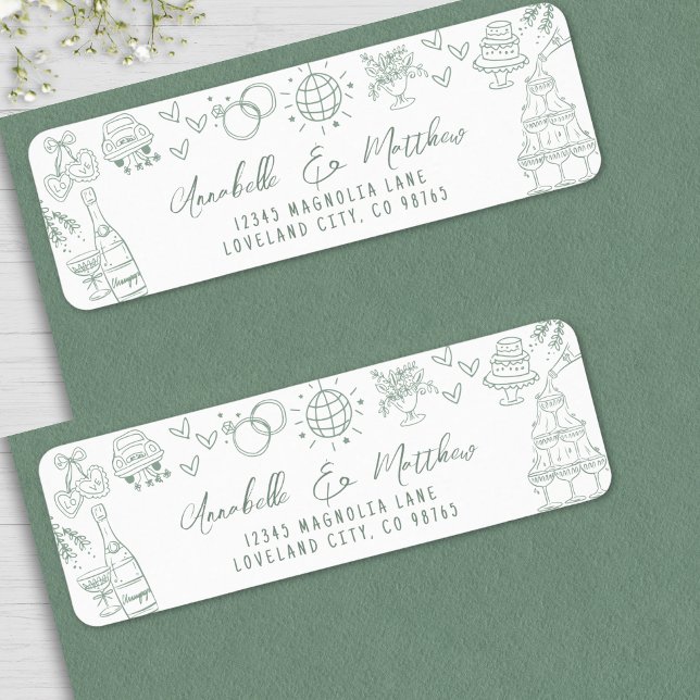 Mariage vert Whimsical tiré à la main Adresse de r (Hand Drawn Whimsical Green Wedding Return Address label )