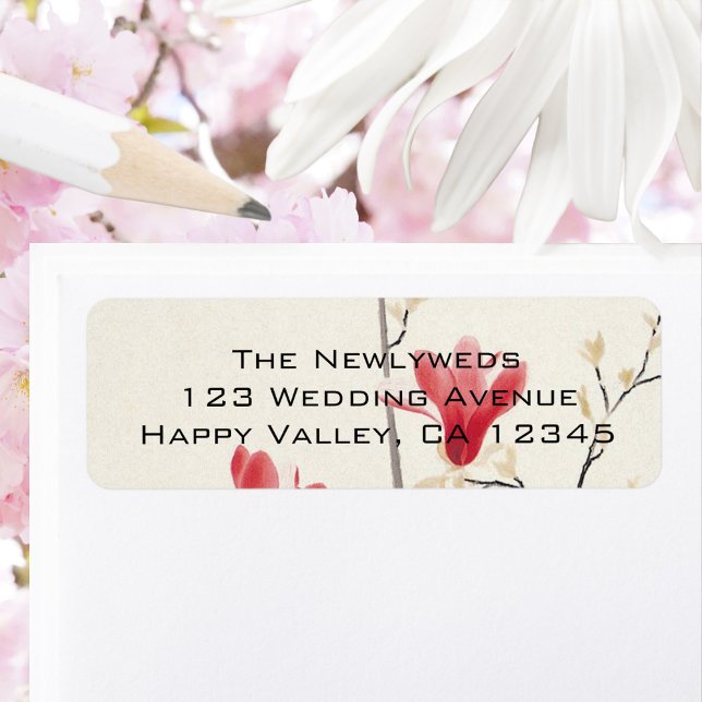 Mariage vintage, Magnolia japonais rose (Vintage Wedding, Japanese Pink Magnolia Tree Flowers Return Address Label)