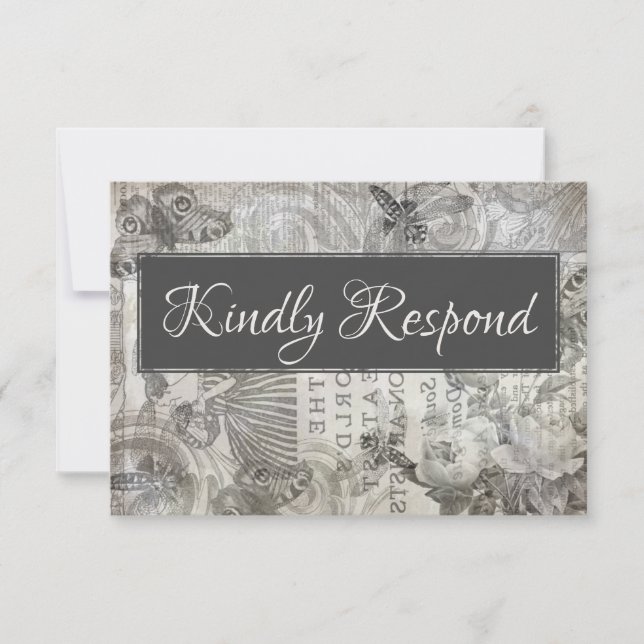 Mariage vintage RSVP gris et blanc d'antiquité (Devant)