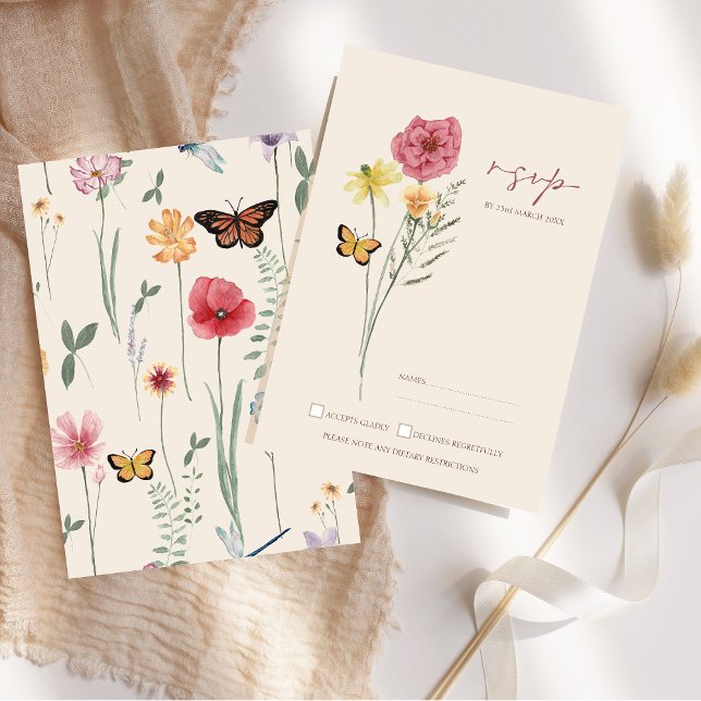 Mariage Whimsical Fleur sauvage rose jaune RSVP (Pink Yellow Wildflower Whimsical Wedding RSVP Card)