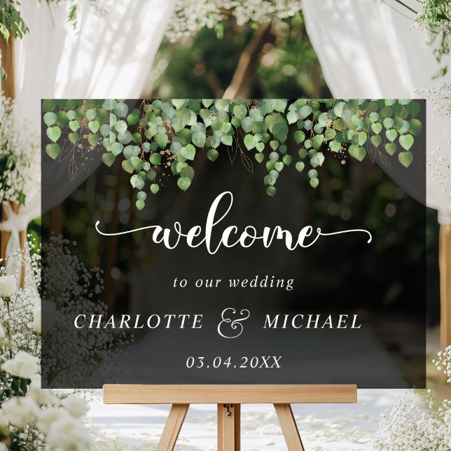 Mariages de l'eucalyptus (Eucalyptus Weddings Acrylic "Welcome" Sign, black transparent, with your names & date.)