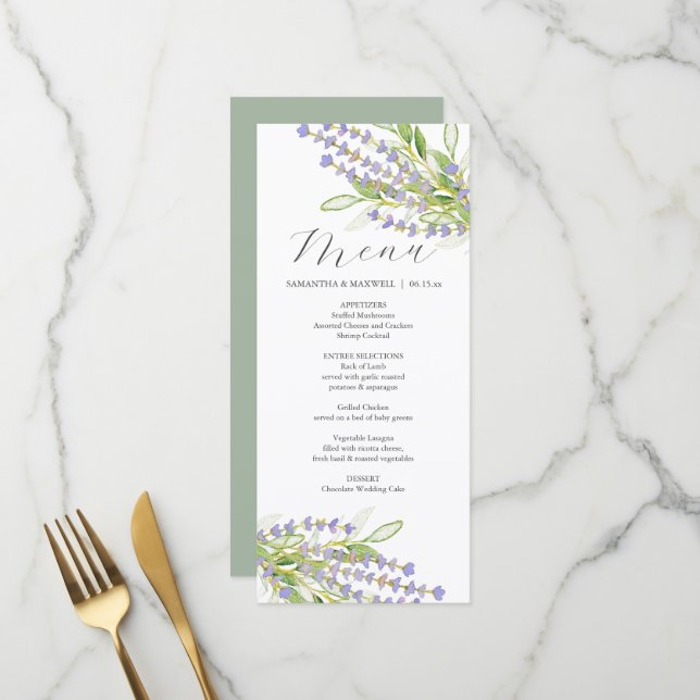 Mariages Menus Aquarelle Lavande fleurs (Devant/Arrière en situation)