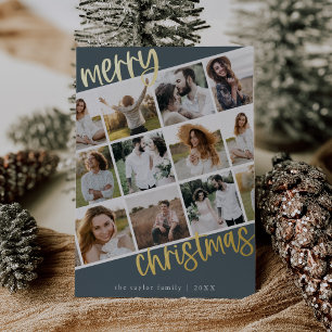 MARIAH Blue Gold Foil Fun Multi Photo Christmas Holiday Card