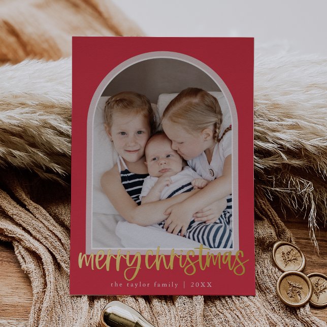 MARIAH Pink Foil Arch Family Photo Merry Christmas Foil Holiday Card (MARIAH Pink Foil Arch Family Photo Merry Christmas Foil Holiday Card)