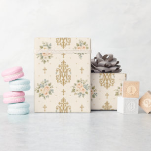 Marian Cross Roses Traditional Catholic Wedding  Wrapping Paper