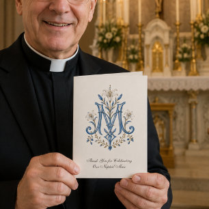 Marian Monogram Catholic Wedding for Priest Card