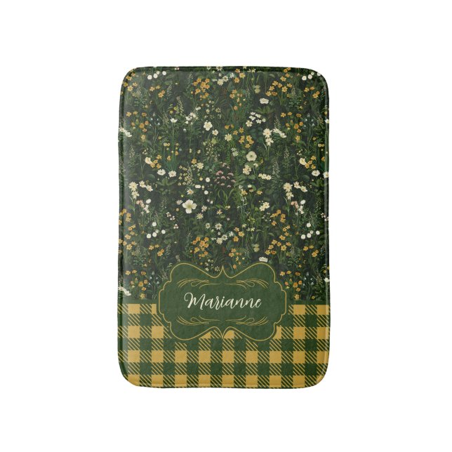 Marianne Dark Daisy Floral Plaid Bath Mat (Front Vertical)