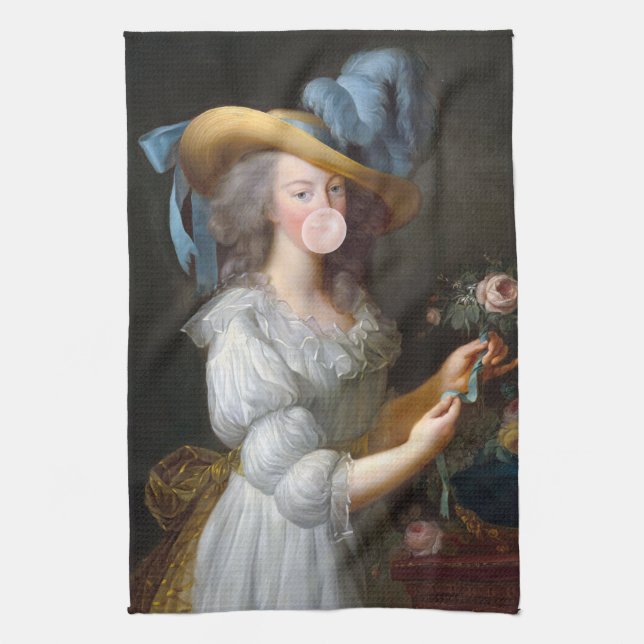 Marie Antoinette blowing a pink bubble gum Kitchen Towel (Vertical)