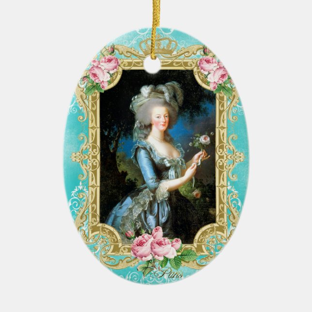 Marie Antoinette LeBrun Portrait Blue Damask Ornam Ceramic Ornament (Front)