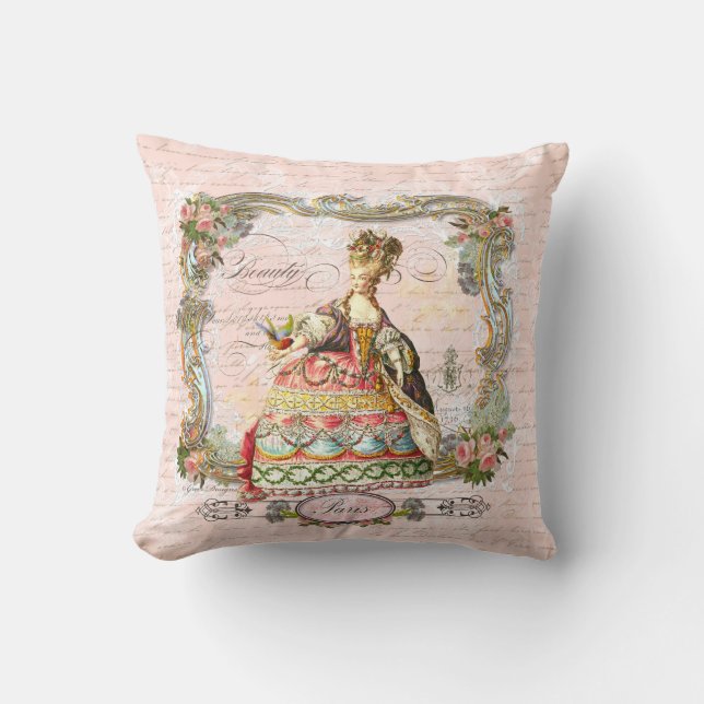 Marie Antoinette Paris and Pink Roses Throw Pillow (Front)
