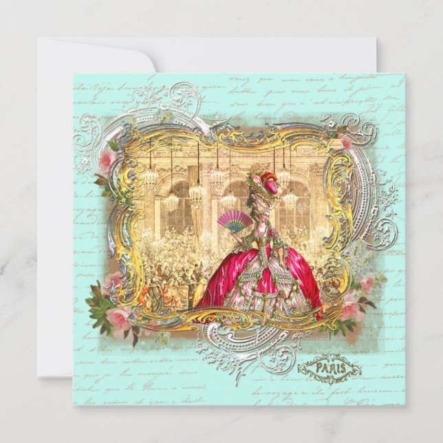 Marie Antoinette Party at Versailles in Aqua Note Card (Front)