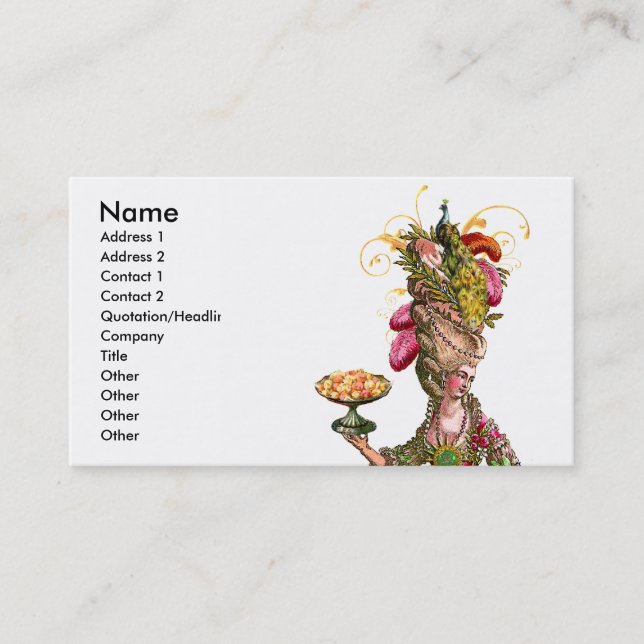 Marie Antoinette & Peacock Pastry Business Cards (Front)