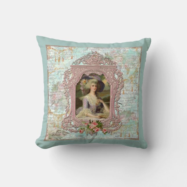 Marie Antoinette Pink Roses Throw Pillow (Front)