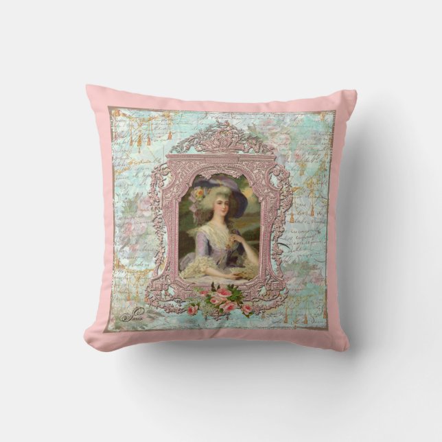 Marie Antoinette Pink Roses Throw Pillow (Front)