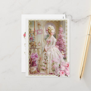 Marie Antoinette pink tree Roses cat Christmas Holiday Postcard