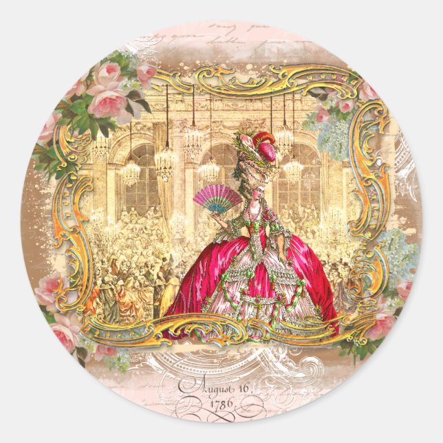 Marie Antoinette Versailles Party Pink Classic Round Sticker (Front)