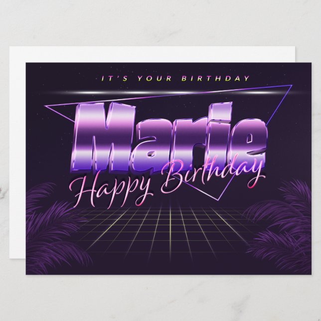 Marie Nom Prénom lila retro Carte Anniversaire (Devant / Derrière)