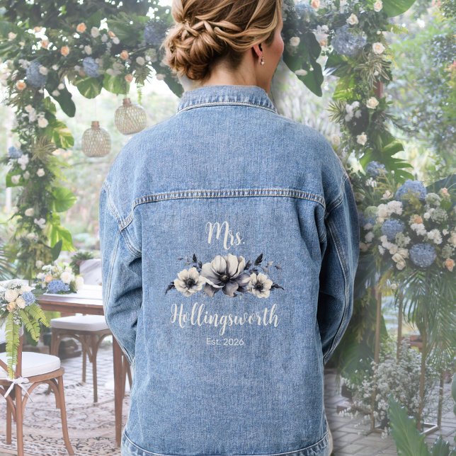 Mariée Aquarelle Bohème Rustique Floral Denim (Cute Trendy Floral Wedding Black White Mrs Bride Denim Jacket)