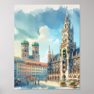 Marienplatz Munich Germany Watercolor Poster