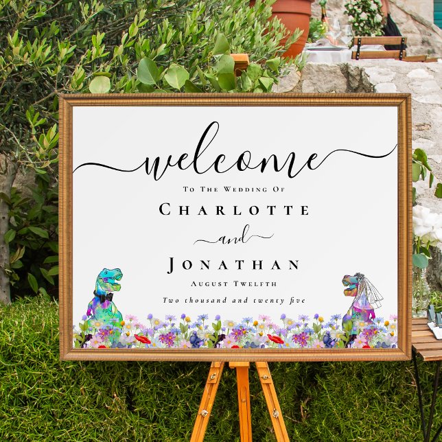 Mariés dinosaures & Décoration de mariage personna (Funny T-Rex Dinosaur bride & groom custom wedding welcome poster Vibrant colorful wildflower florals)